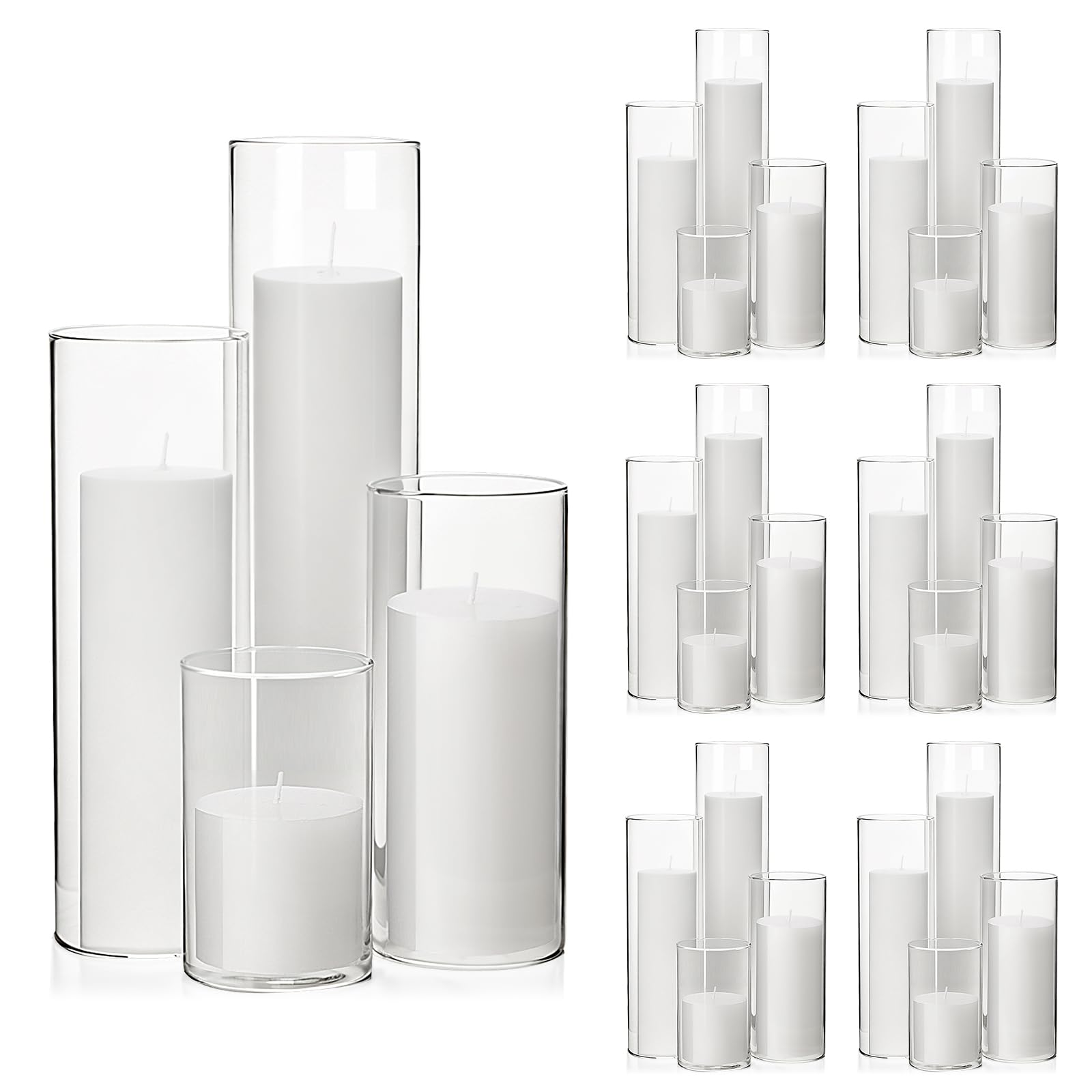 Photo 1 of Shihanee Set of 24 White Pillar Candles and Glass Cylinder Vases 4 Sizes Clear Cylinder Candle Holders for Pillar Candles Home Table Centerpieces Decoration (2.6'' X 3.9'',5.9'',7.9'',9.8'')