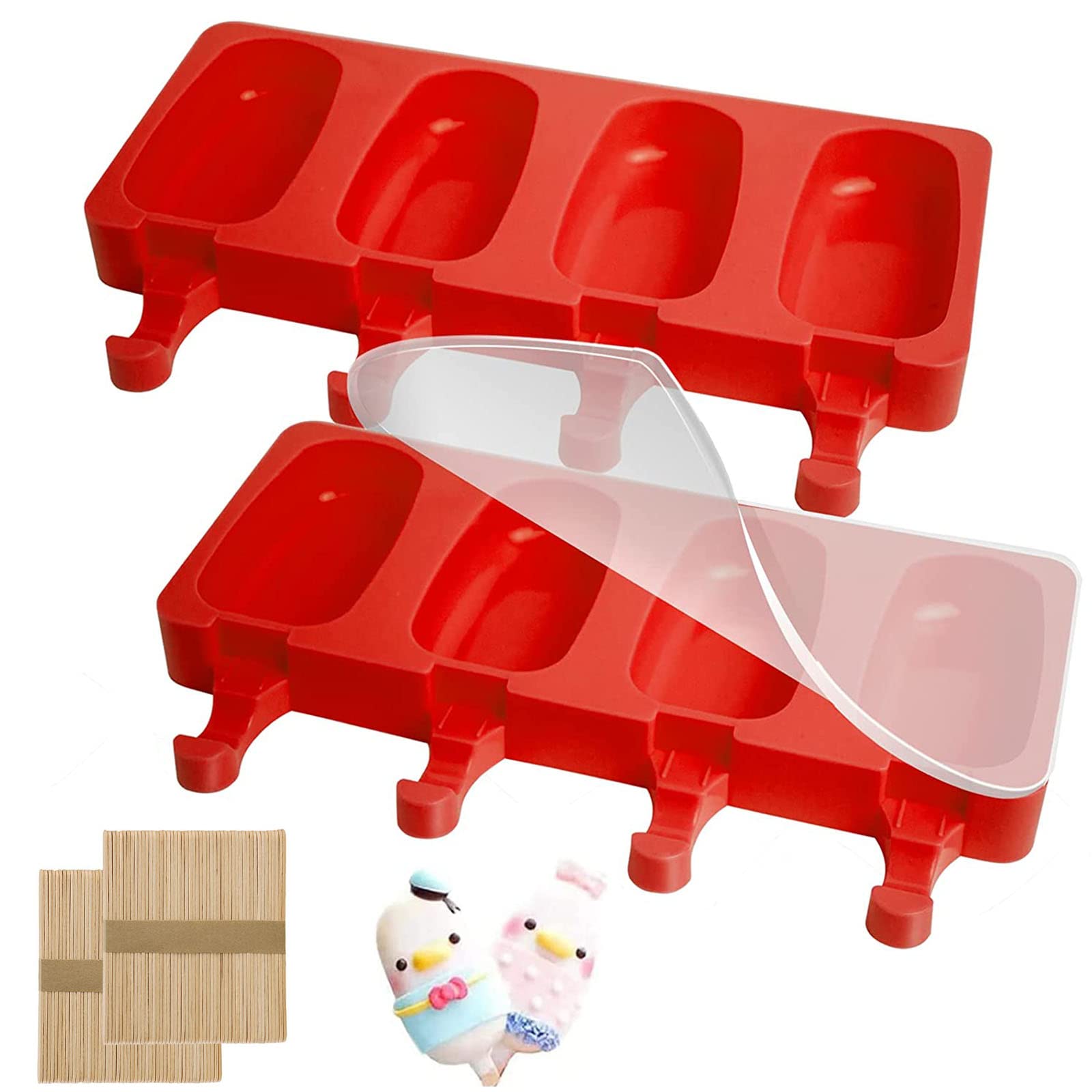 2 Pack Ice Lolly Moulds, Cakesicle Moulds, Cake Pop Mould, Popsicle Mould, Homemade Oval Popsicle Maker with 2 Lids & 100 Wooden Sticks for DIY Ice Cream (Red)