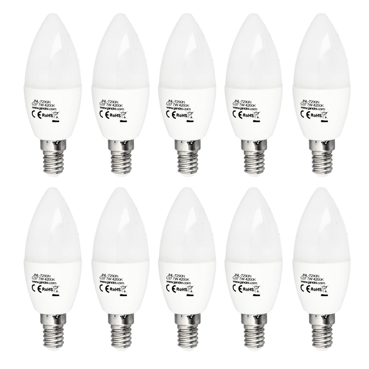 JANDEI - Pack of x 10 LED Bulbs 7W 950 Lumens, Candle Type (Equivalent to 60W), E14 Type Cap, 330º Opening, Light Color Neutral White 4200K, Perfect for Living Room, Kitchen, Desk, Bedside, Bedroom