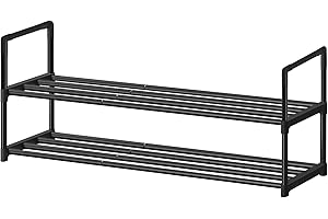 XSBAIHUO Shoe Rack - Metal Shoe Rack Organizer - Stackable Shoe Storage Shelf for Entryway, Closet, Bathroom 30cm(D) x 92cm(W) x 55cm(H) -Black (2-Tier)