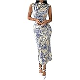 BEAUDRM Women's Floral Print Midi Bodycon Dresses Split Thigh Ruched Mock Neck Fitted Tank Dress
