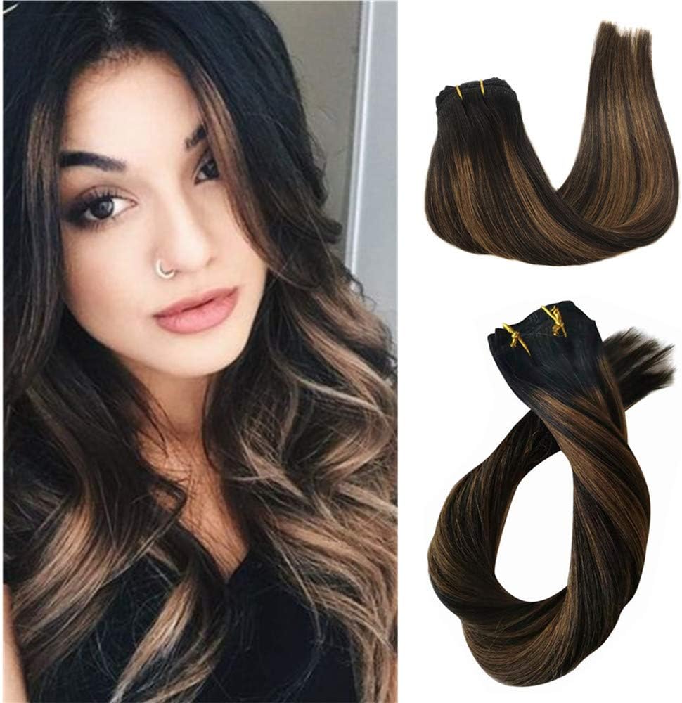TD-HAIR 100% Remy Human Hair Clip in Hair Extensions for Women 120g 7pcs Thickened Double Weft Silky Straight Black with Caramel Highlights Clip on Hair Extensions with 17 Clips (14 Inch, (1BT6) P1B)