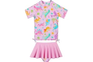 BAOHULU Girls Two Piece Swimsuits Rash Guard Ruffle Bikini Skirt Short Sleeves Beach Dress Swimwear UPF 50+ 3-12Y