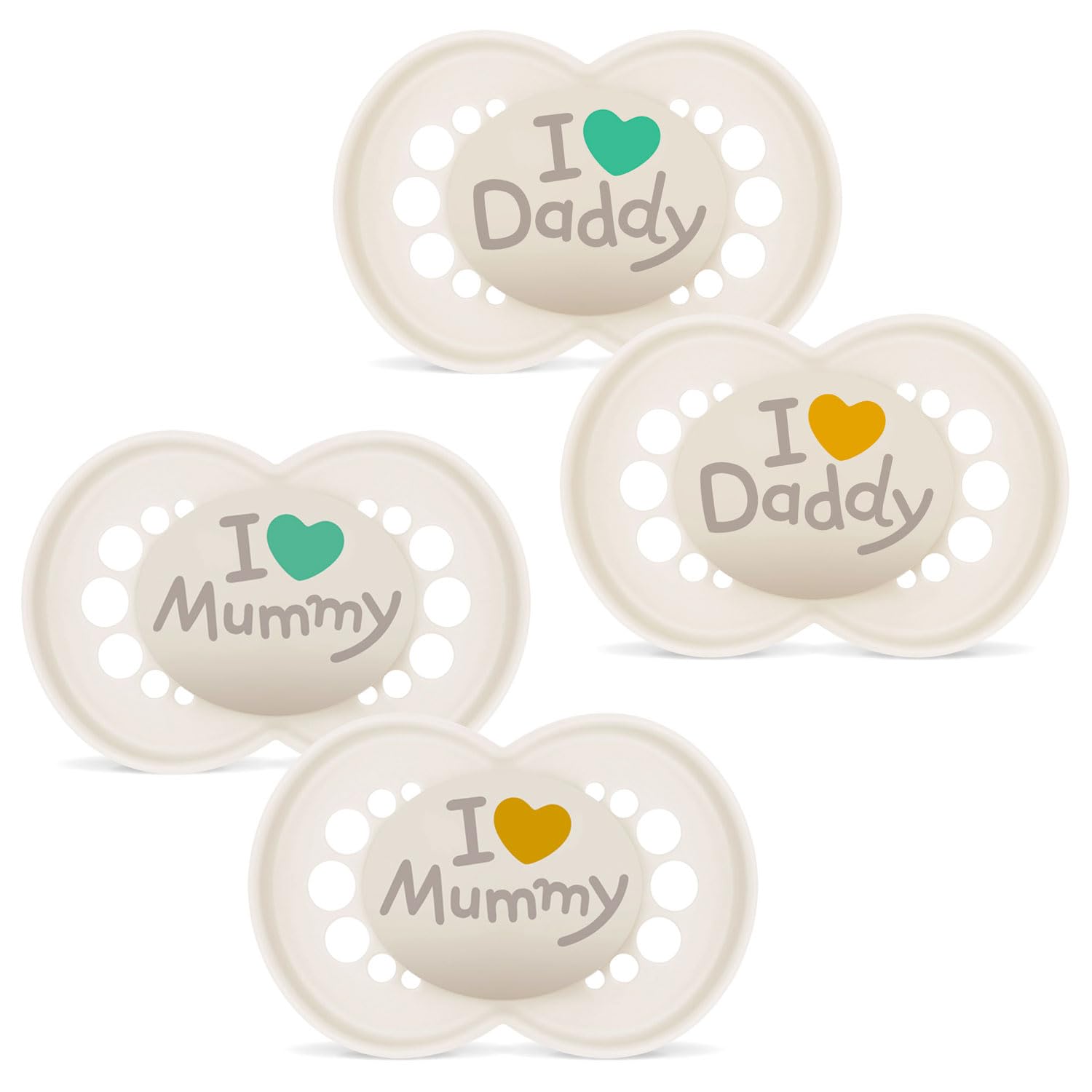 MAM Original I Love Mummy & MAM Original I Love Daddy // Skin Soft Silicone Dummy 6-16 // Set of 4 // Includes 2 Sterilising Transport Boxes