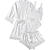 WDIRARA Women' Silk Satin Pajamas Set 4pcs Lingerie Floral Lace Cami Sleepwear with Robe
