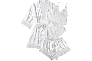 WDIRARA Women's 4 Pieces Feather Print Satin Dress Cami Shorts Pajama Set with Robe