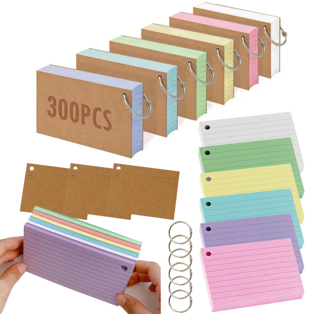 Belegao Flash Cards 300PCS - 6 Pack Ruled Revision Card 12.7x7.6cm 110gsm Index Cards with Binder Rings and Kraft Covers Lined Notecards for School, Home, Office, Record, Study(6 Assorted Colors)
