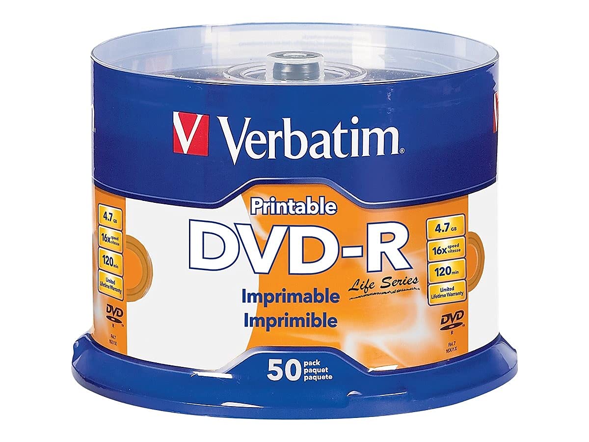 VerbatimLife Series DVD-R Printable Disc Spindle, Pack of 50 98472