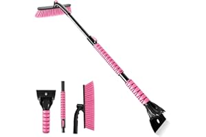 OUSHASAA 44" Ice Scraper and Snow Brush for Car Windshield with Extendable, 360° Pivoting, Soft Bristle Head, Foam Grip, for 