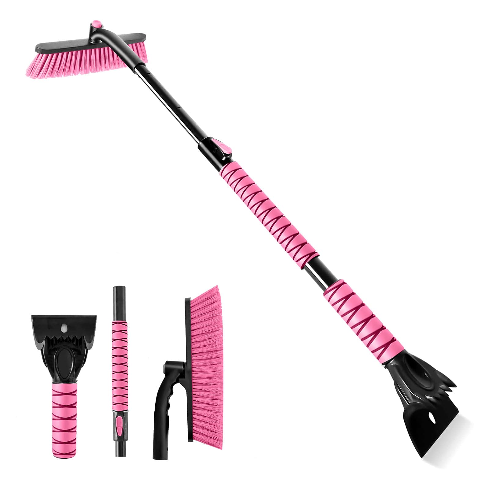 Photo 1 of OUSHASAA 44" Ice Scraper and Snow Brush for Car Windshield with Extendable, 360° Pivoting, Soft Bristle Head, Foam Grip, for Car, Truck, SUV Window Tool (Pink)
