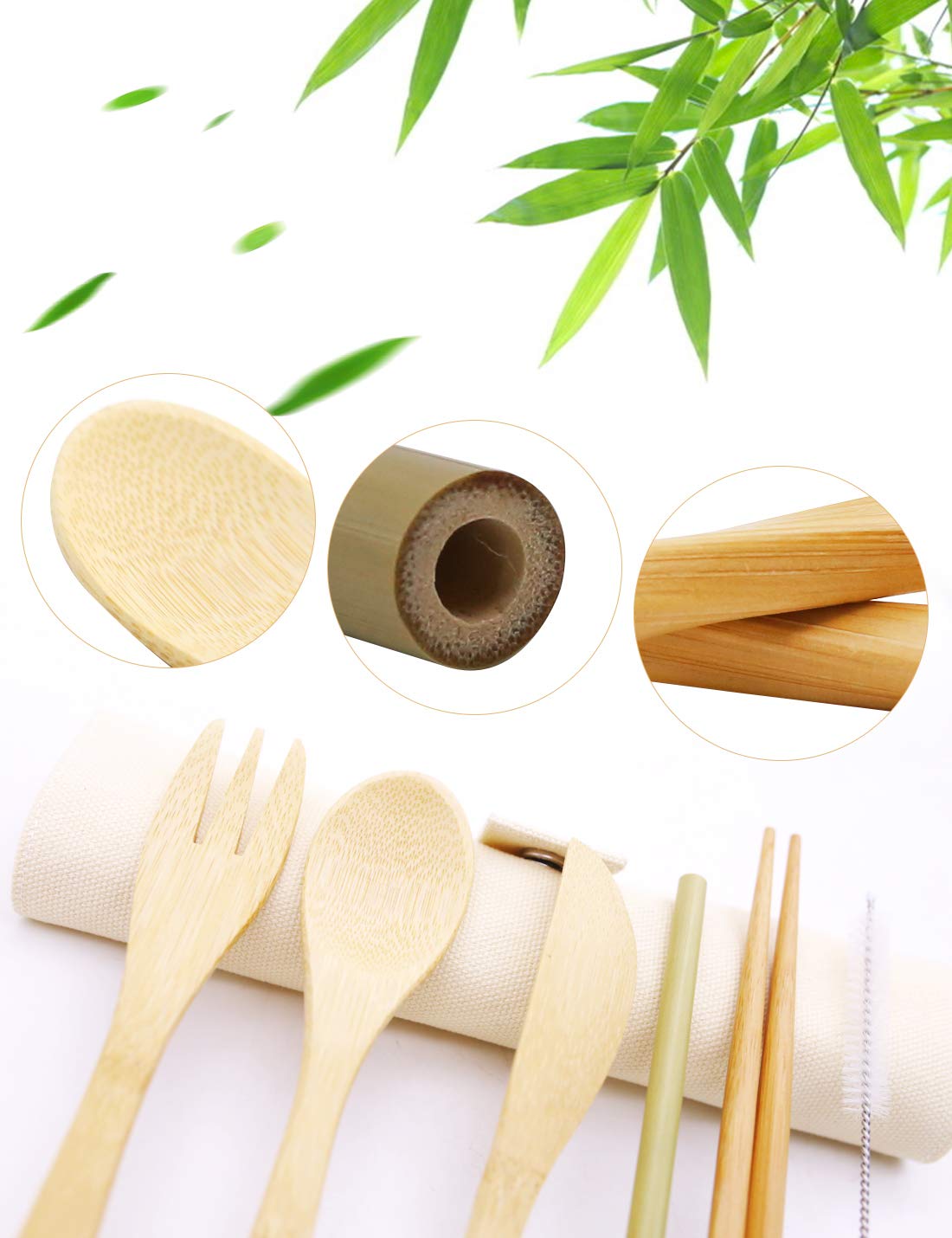 Bamboo Cutlery Set, Travel Cutlery Set Eco Friendly Flatware Set Camping Cutlery Set with Travel Pouch Knife Fork Spoon and Chopsticks Straw by HansGo