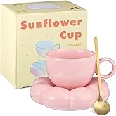 Gerrii Christmas Ceramic Coffee Mug with Sunflower Coaster Coffee Spoons 7 oz Cute Mugs Creative Coffee Milk Tea Mug Home Office Reusable Novelty Coffee Mugs for Kitchen Table Tea Milk (Pink, 1 Set)