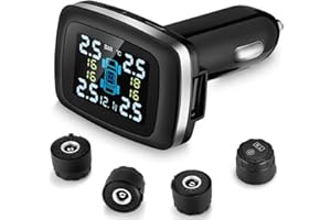 B-Qtech Tire Pressure Monitoring System 4 External Sensors (0-3.5Bar/50Psi) 6 Alarm Modes CLA Charger Tire Pressure Temperature Real Time Monitoring Display TPMS for 4-tire Vehicles Car SVU Pickup