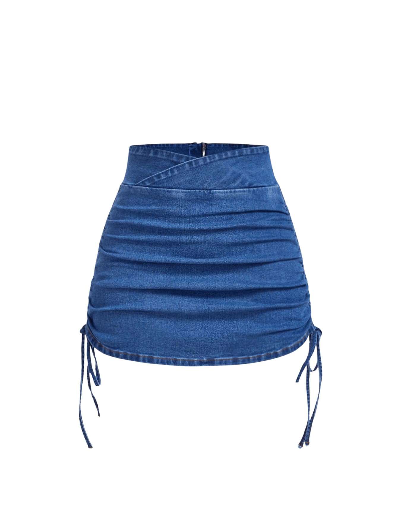Photo 1 of Floerns Women's Drawstring Side Ruched Denim Skirt High Waist Bodycon Mini Skirts Medium Wash Large