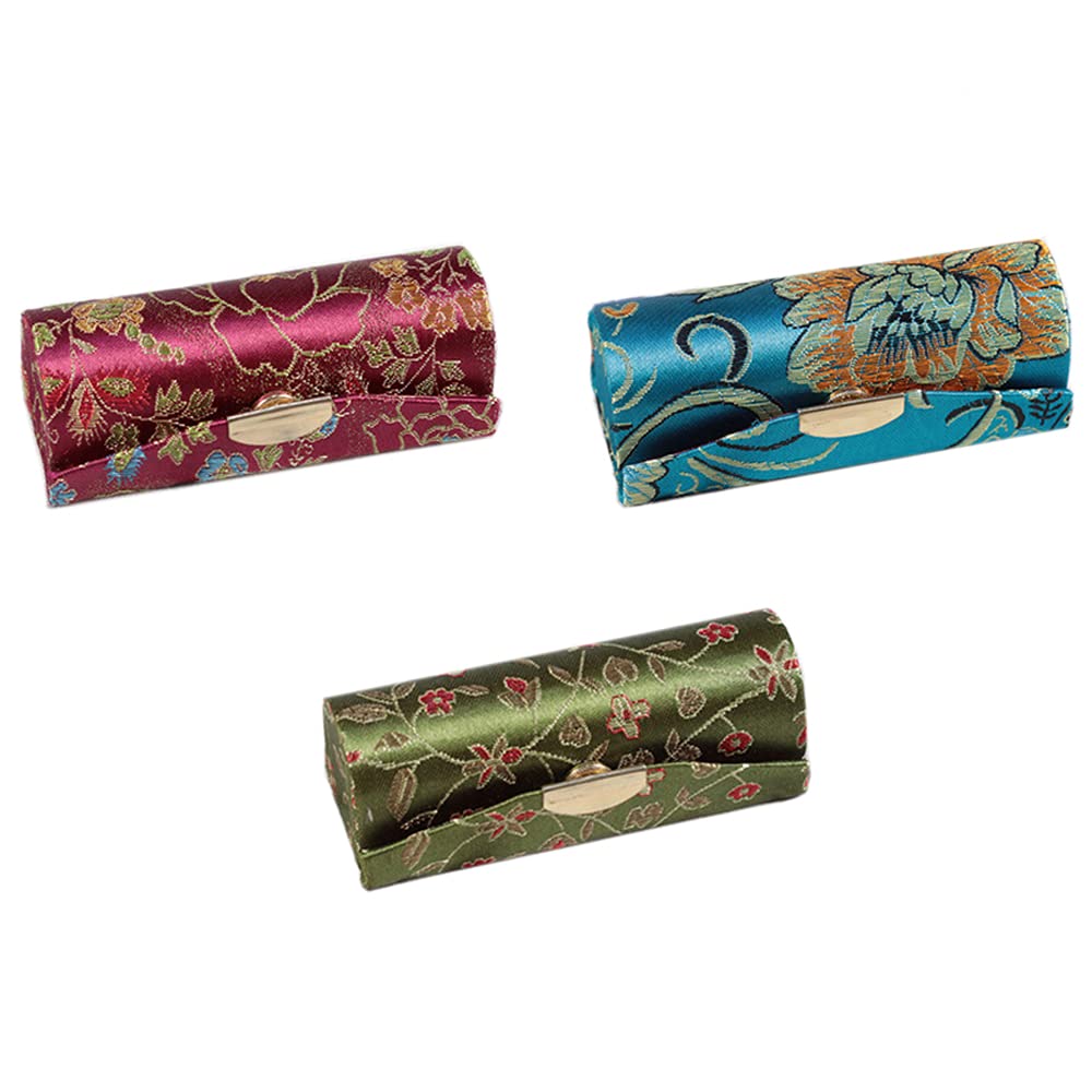 3 Pcs Lipstick Case Classic Woven Satin Lipstick Holder Retro Flower Lipstick Organiser Lipstick Box with Makeup Mirror Cosmetic Storage Kit for Women Girls(Random Colors)