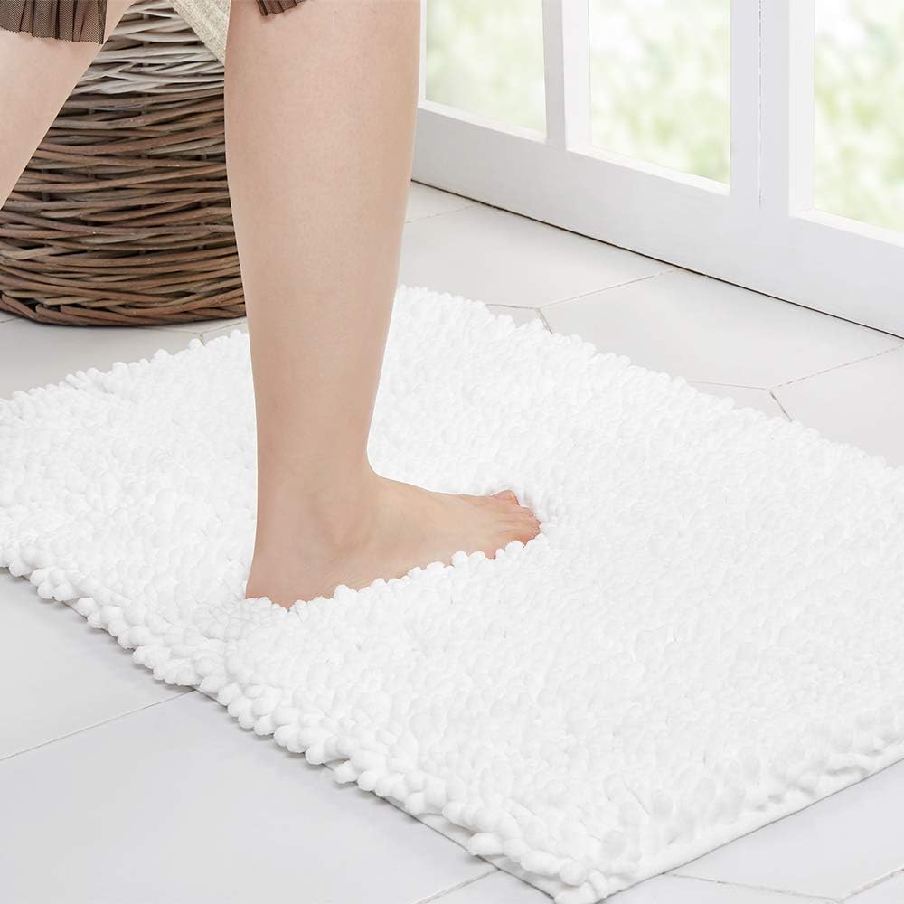Walensee Bathroom Rug Non Slip Bath Mat (24x17 Inch White) Water Absorbent Super Soft Shaggy Chenille Machine Washable Dry Extra Thick Perfect Absorbant Best Small Plush Carpet for Shower Floor