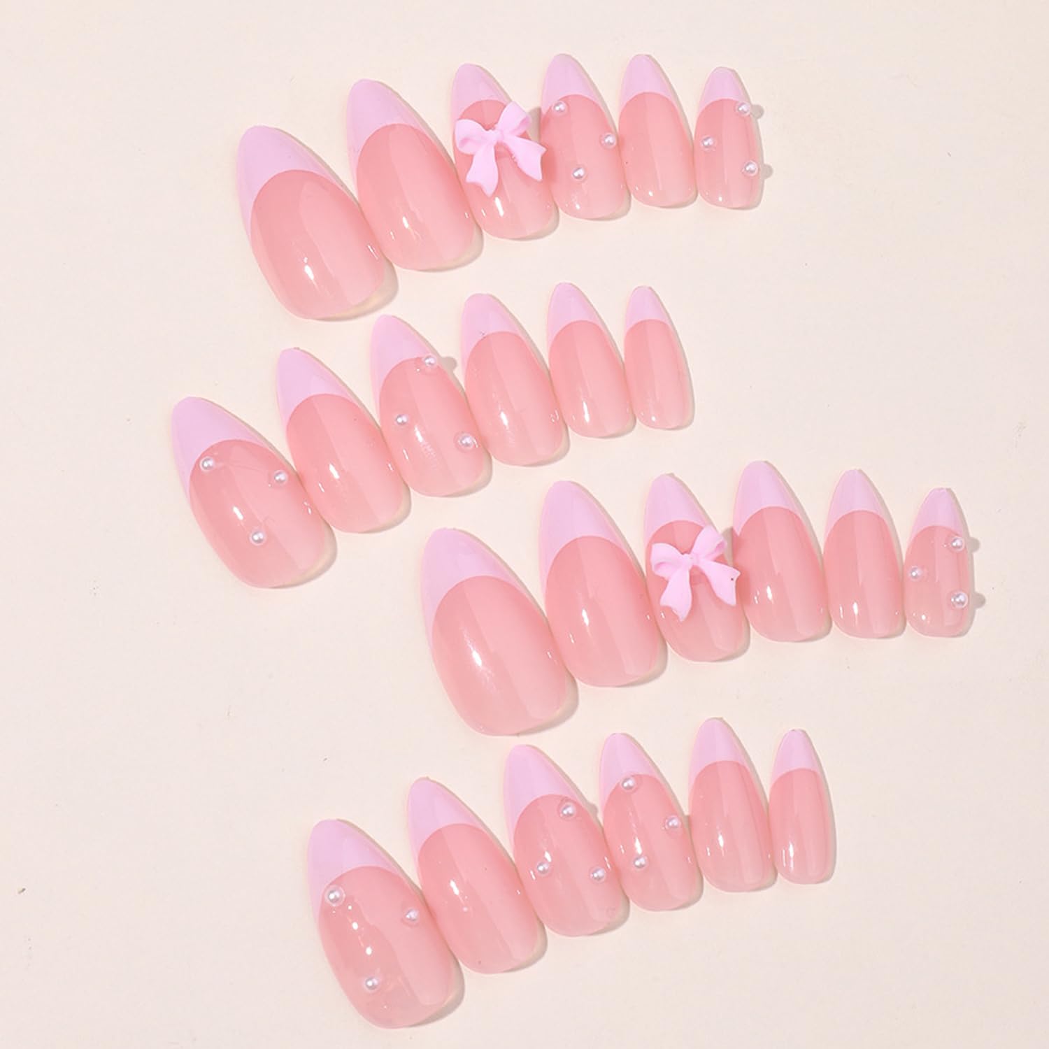 24Pcs French Press on Nails Almond Fake Nails with Bow Pearl Design Pink French Tip False Nails Cute Pink Press on French Nail Tips Glossy Artificial Nails Acrylic Stick on Nails for Women Manicure - Image 3