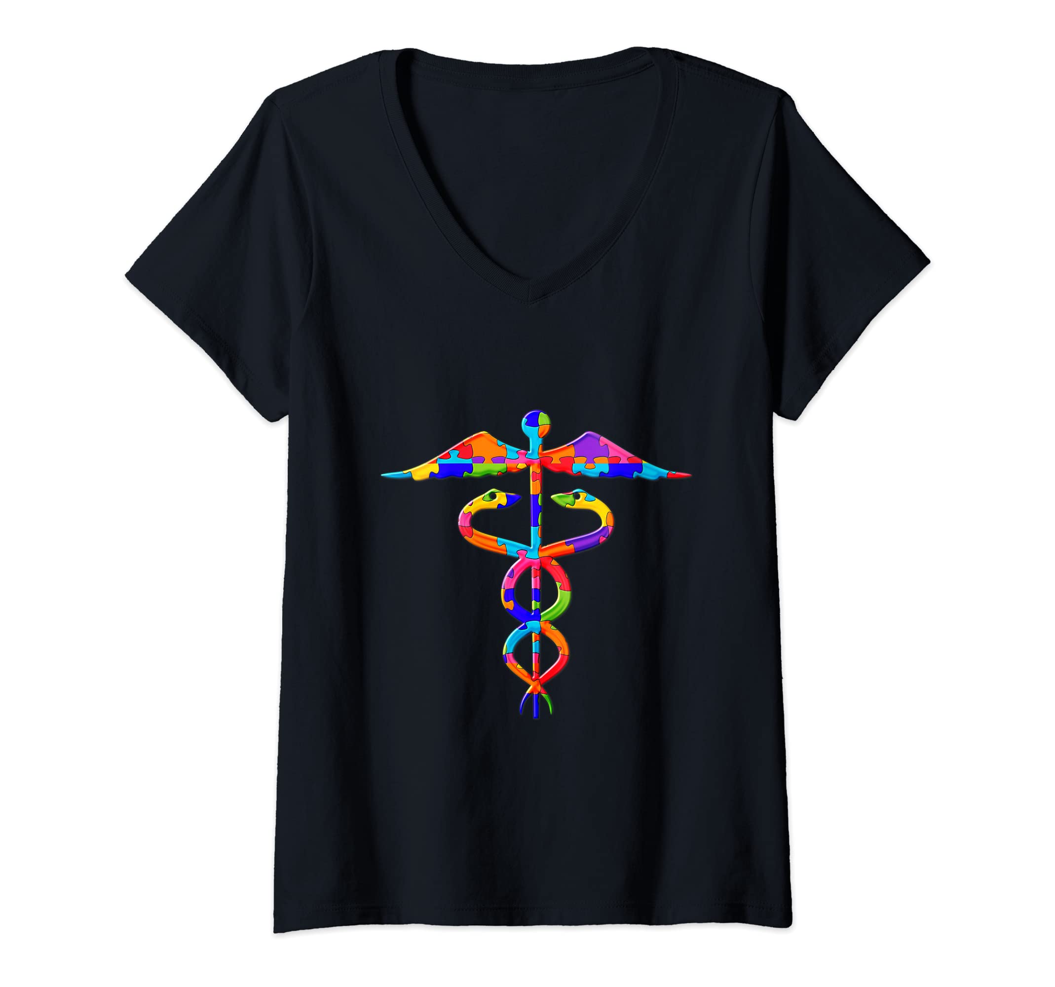 Womens Caduceus Pharmacy Pharmacist Medical Jigsaw Autism Puzzle V-Neck T-Shirt