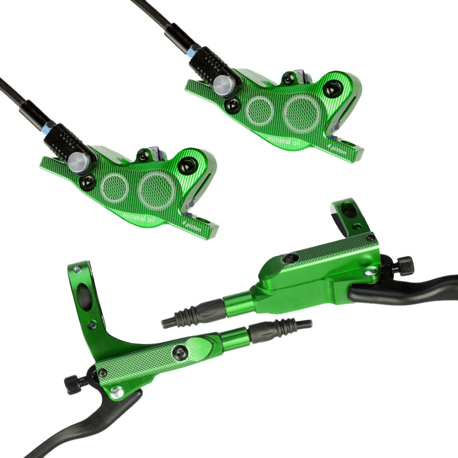 CuteHairy MTB Hydraulic Disc Brakes Set, Left Front 800mm Right Rear 1450mm Hydraulic Brake Set, Aluminum Alloy Hydraulic Disc Bike Brake Kit, 4-Piston Bicycle Brakes Oil Pressure Disc Brake Set green
