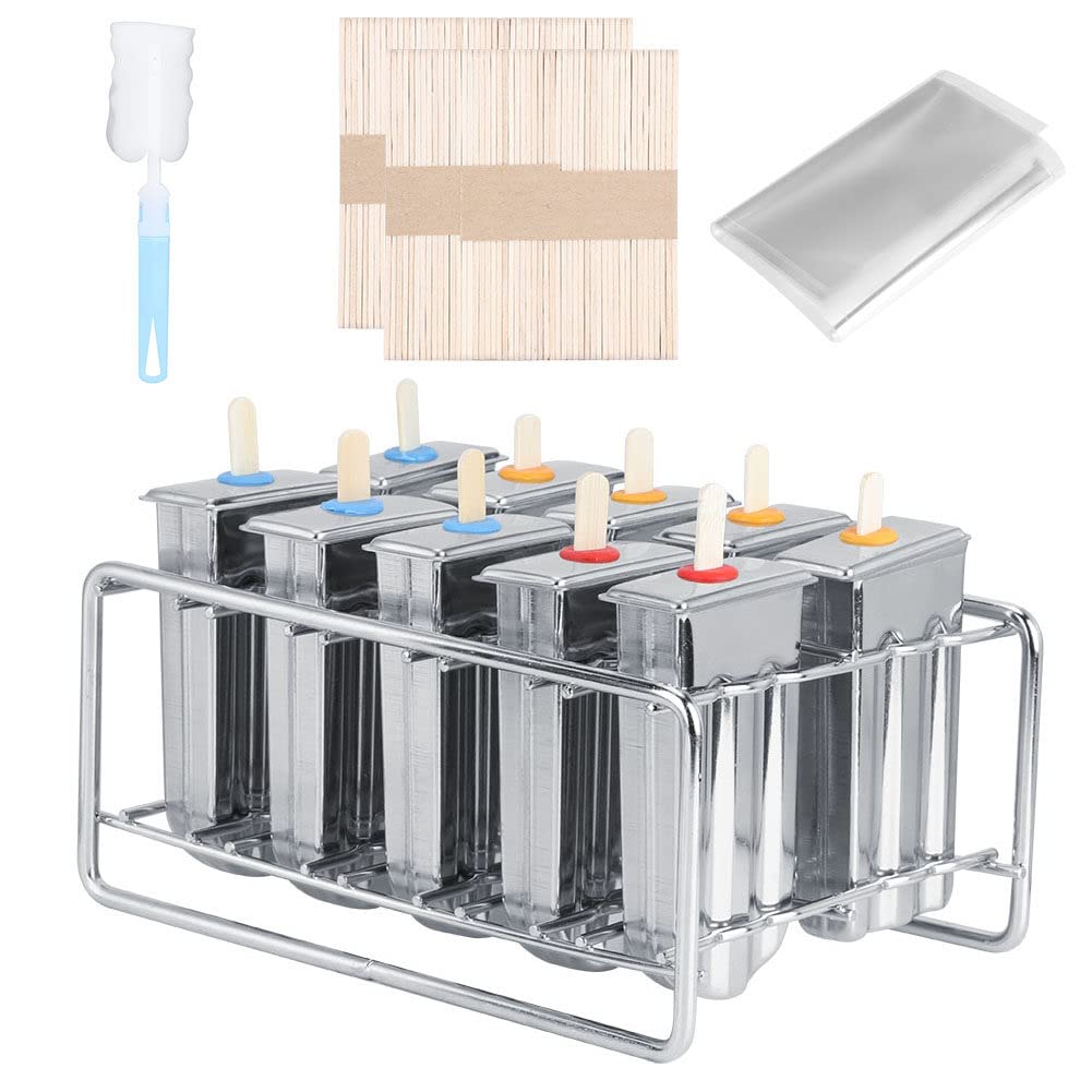 10Pcs Stainless Steel Ice Pop Molds, Ice Lolly Mold DIY Popsicle Maker Tool with Sticks Storage Bags Ice Cream Mould Maker Freezer with Cleaning Brush for Yogurt, Ice Candy, Ice Cream Party Favors