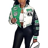 Perbai Women's Cropped Varsity Jacket Colorblock Letter Print Button Down Letterman Bomber Coat with Pockets Y2K Streetwear