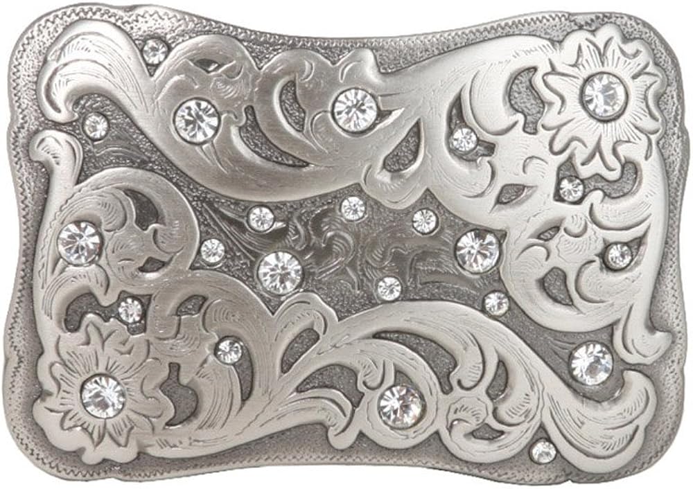 Rectangular Engraving Rhinestone Flower Belt Buckle: Clothing