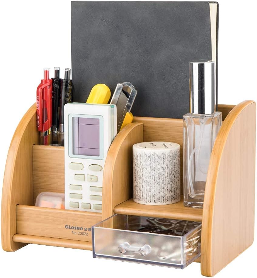 peinat Bamboo Desk Organizer, Office Organizer, Pencil Holder with 5 Compartments, Multifunction Desk Accessories, Tidy Desktop Organizer for home office supplies 8 x 4.7x 5.4inch