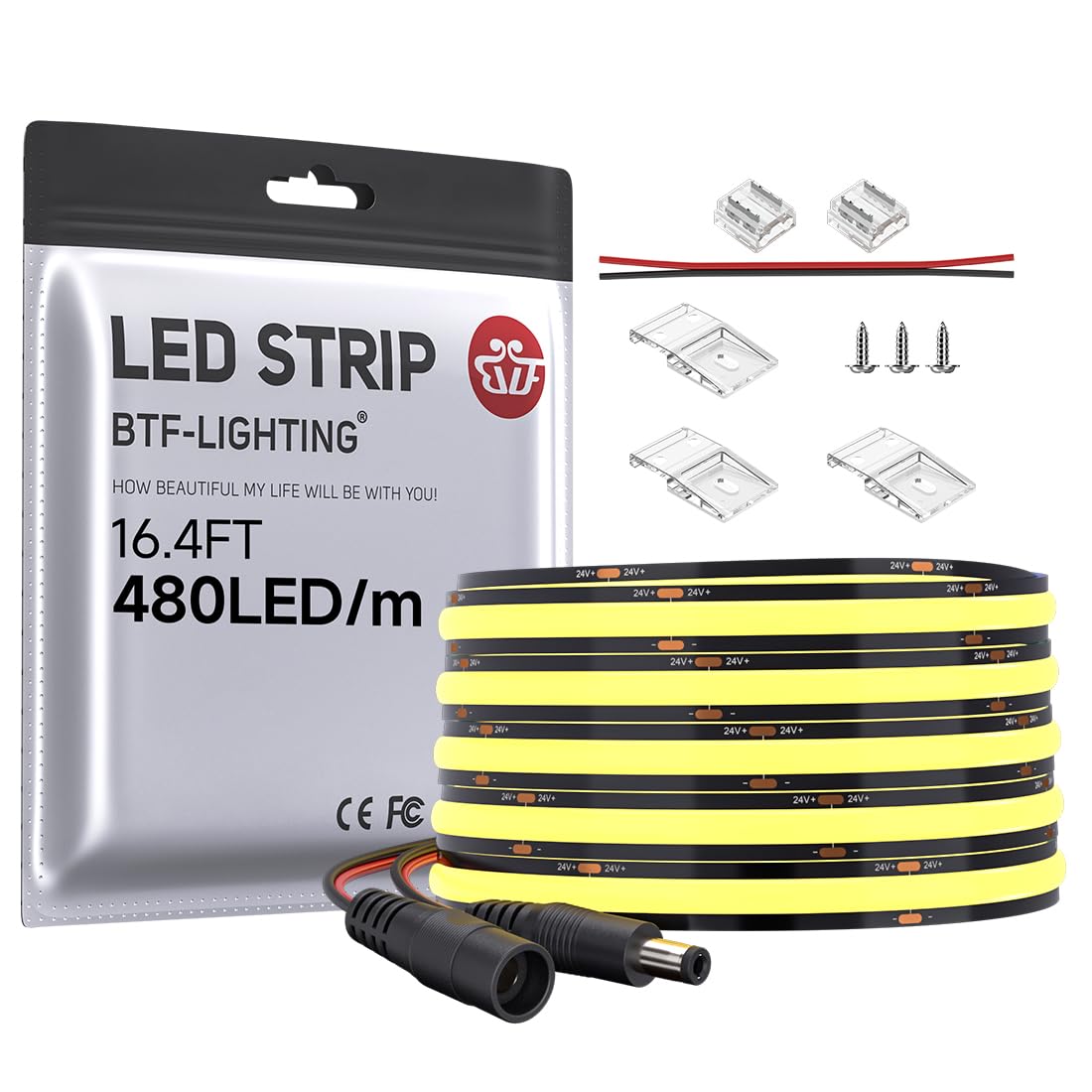 BTF-LIGHTING COB LED Strip Light 5M FCOB 480LEDs/M Dimmable Light Uniformity Flexible High Density Natural White 24V 8mm Width Black PCB LED Tape IP30 for Indoor Decoration(Only LED Strip) — image 1