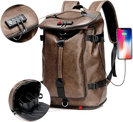 Amazon ジムバッグ Yuan Ou Puレザーメンズバックパッククライミングリュックサック大容量盗難防止ショルダーハンドバッグ48 32 24cmブラウン Yuan Ou スポーツショルダーバッグ エナメルバッグ