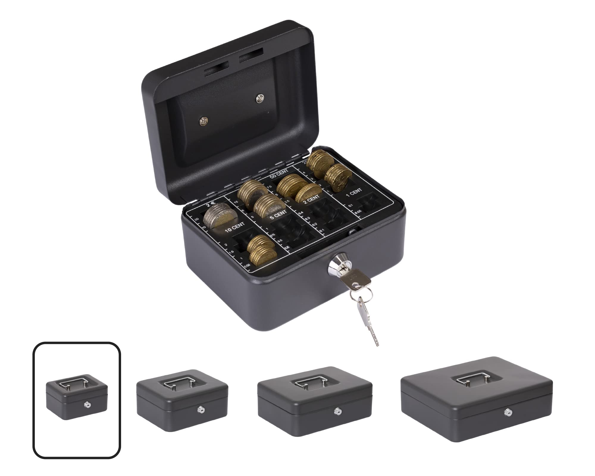 Arregui Elegant Cash C9614-EUR Steel Flow Box with Coin Counter Tray, 15 cm Wide, Cash Box, Black