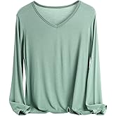 Sleep Shirts for Women Modal V Neck Solid Color Lounge Pajamas Top Soft Ladies Long Sleeve Pajama Shirt