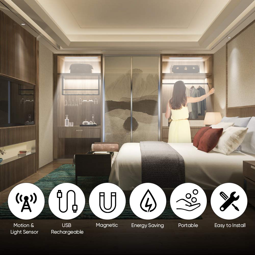Motion Sensor Light, 40LED USB Rechargeable Cupboard Closet Light Motion Light Activated Wireless Removable Magnetic Stick-On Night Lighting for Wardrobe Under Cabinet Stairs