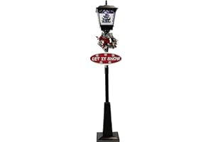 Fraser Hill Farm 71-in. Musical Snowy Christmas Street Lamp in Black with Christmas Tree Scene, Cascading Snow, and Music, Lighted Christmas Decoration for Living Room and Foyer