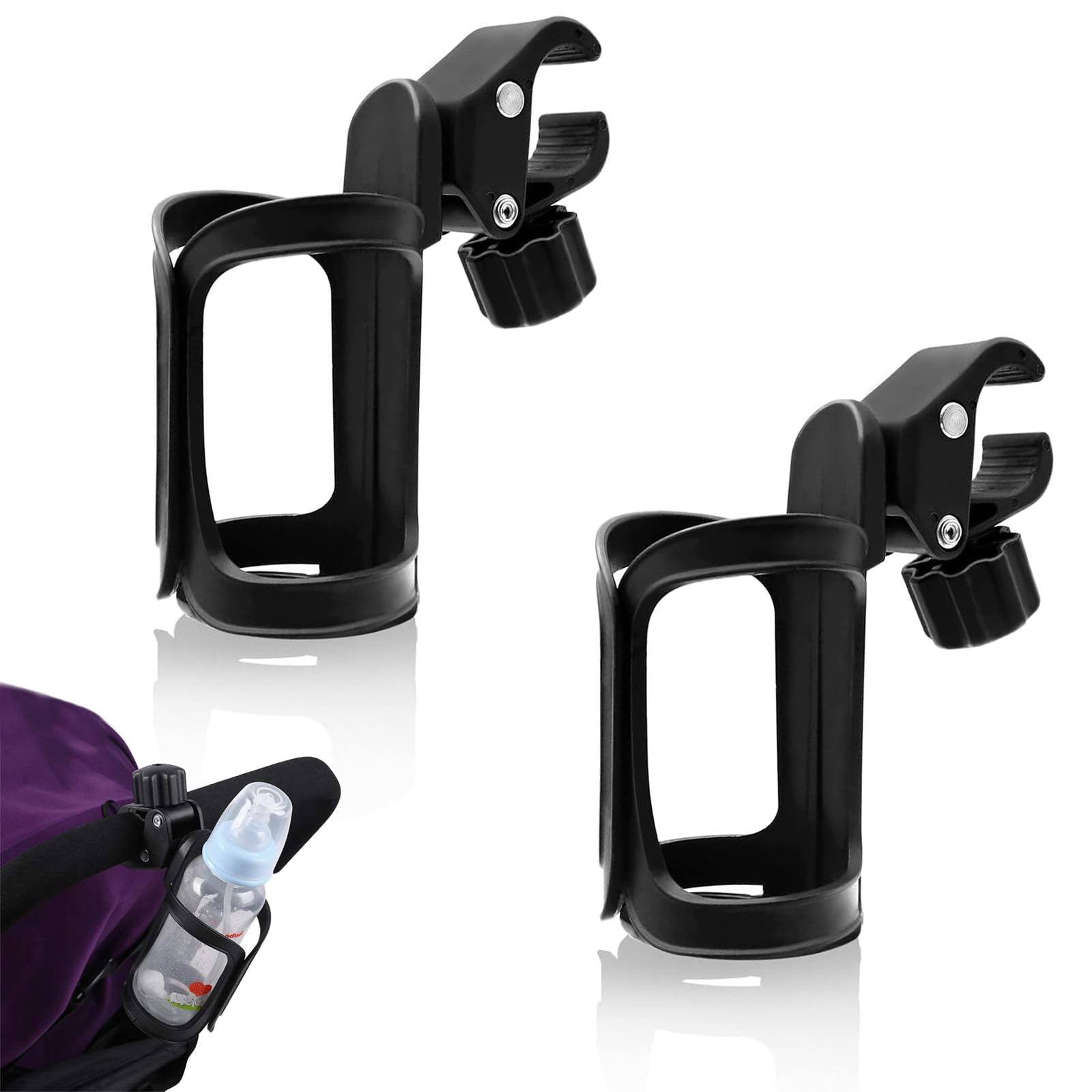 Mystiqut 2Pcs Pram Cup Holder Pushchair Cup Holder Universal Bicycle Stroller Cup Holder 360 Degree Rotation ABS Adjustable Anti-slip Fast Dismounting Accommodate for Baby Bottles Bike and Beverage