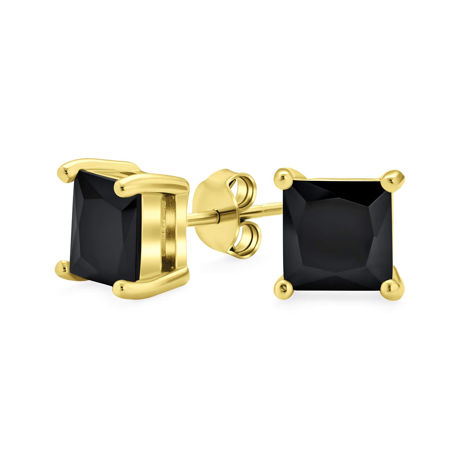 Black Square Cubic Zirconia Princess Cut AAA CZ Stud Earrings For Men Gold Plated .925 Sterling Silver 5MM — image 1