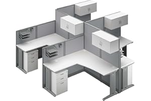 Bush Business Furniture Office in an Hour 4 Person L Shaped Cubicle Desks with Storage, Drawers, and Organizers in Pure White | Quad Workstation Set with Privacy Panels for Commercial Workspace