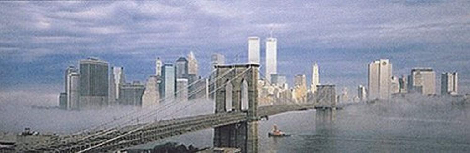 Amazon Com Buyartforless Manhattan In The Mist Skyline 36x12 Art Print Poster Panoramic Night Brooklyn Bridge Twin Towers World Trade Center New York City Prints Posters Prints