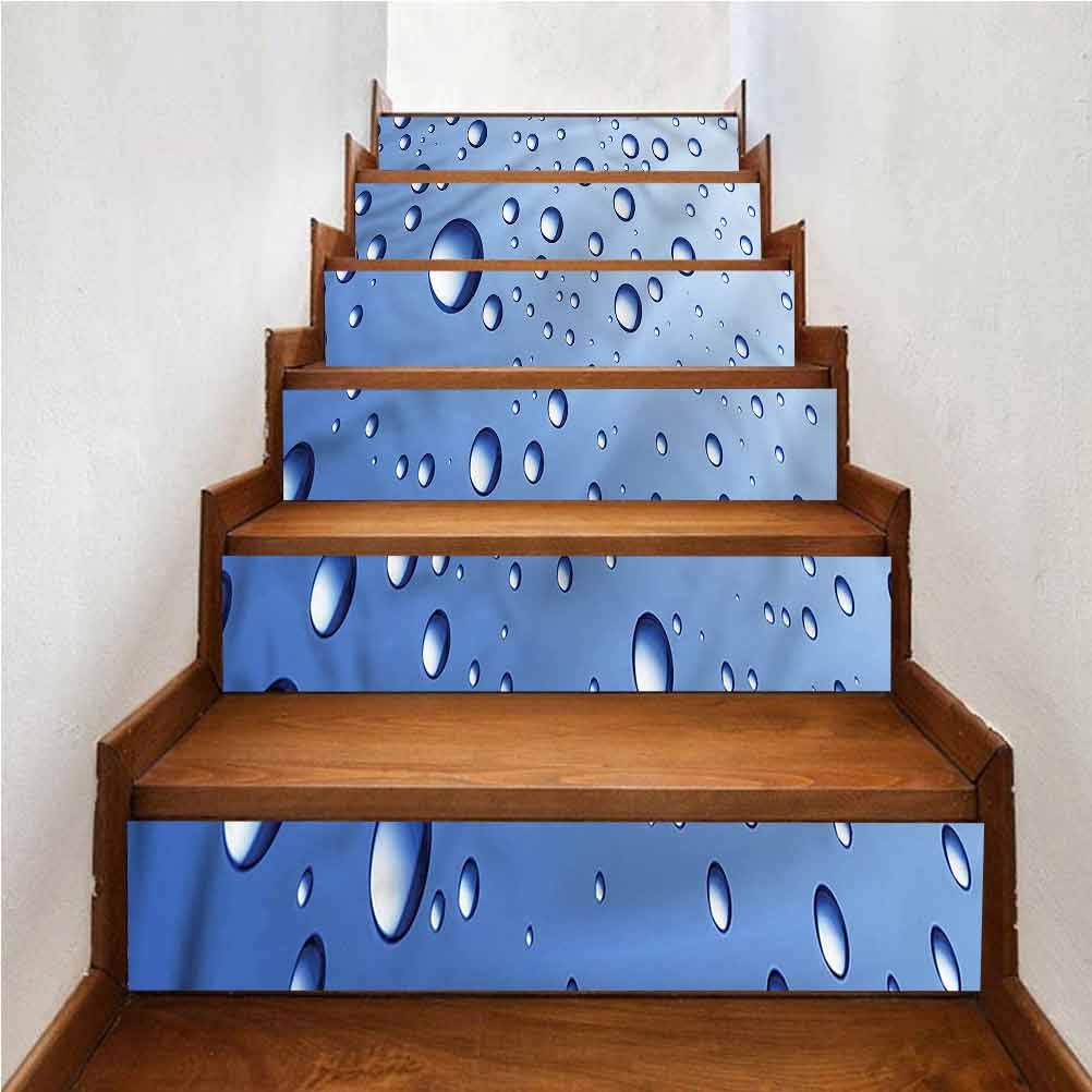 3D SelfAdhesive Stair Stickers, Blue Close Up Raindrops