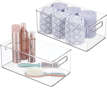 mDesign Deep Plastic Storage Bin Tote with Handles for Organizing Cosmetics, Makeup Palettes, Body Wash, First Aid, Vitamins, Supplements, Hair Styling Accessories, 2 Pack - Clear