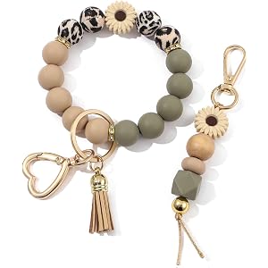 Donouzair 2PCS Silicone Beaded Wristlet Keychain Set, Upgraded Key Ring Bracelet Keychains for Women