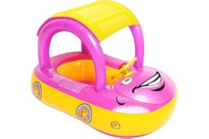 iGeeKid Inflatable Baby Pool Float with Canopy, Safty Seat for Infant Baby Swim Float Rings Car Shaped Swimming Pool Floaties for Baby Toddler Age of 6-36 Months (Pink)