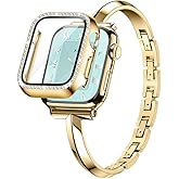 Missair Bands Compatible for Apple Watch Band 40mm 41mm 44mm 45mm with Screen Protector Case, Elegant Slim Metal Bracelet Strap with Bling Diamond Cover for iWatch Series 9 8 7 6 5 4 for Women