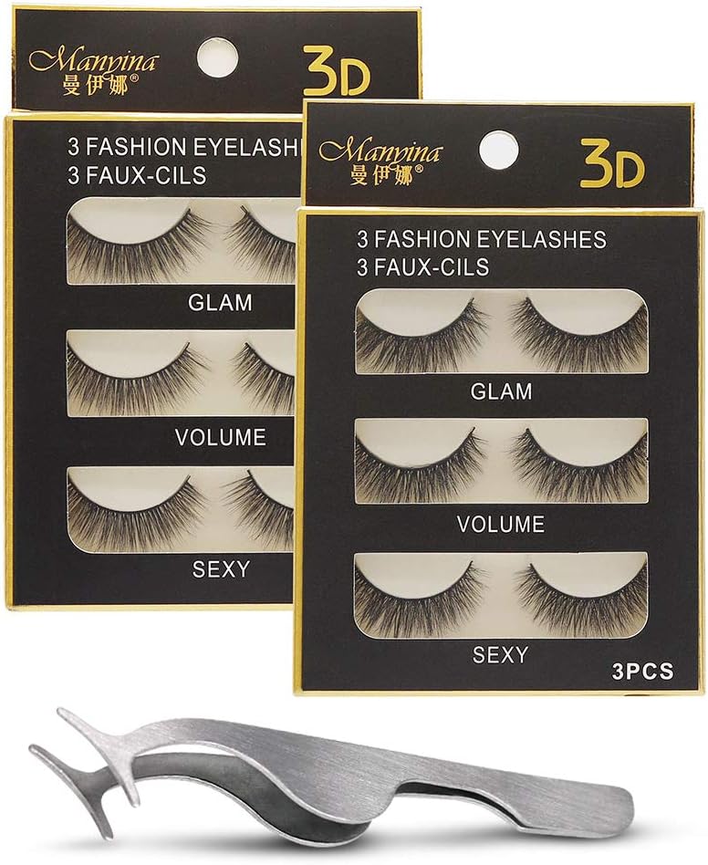 6 Pairs Fluffy Eyelashes Reusable 3D Handmade Fake Lashes Cruelty-Free False Lashes for Natural Look with EyeLash Tweezers - 2 Styles