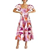 kinstell Casual Summer Midi Dress Puffy Short Sleeve Square Neck Smocked Tiered Ruffle Dresses for Women