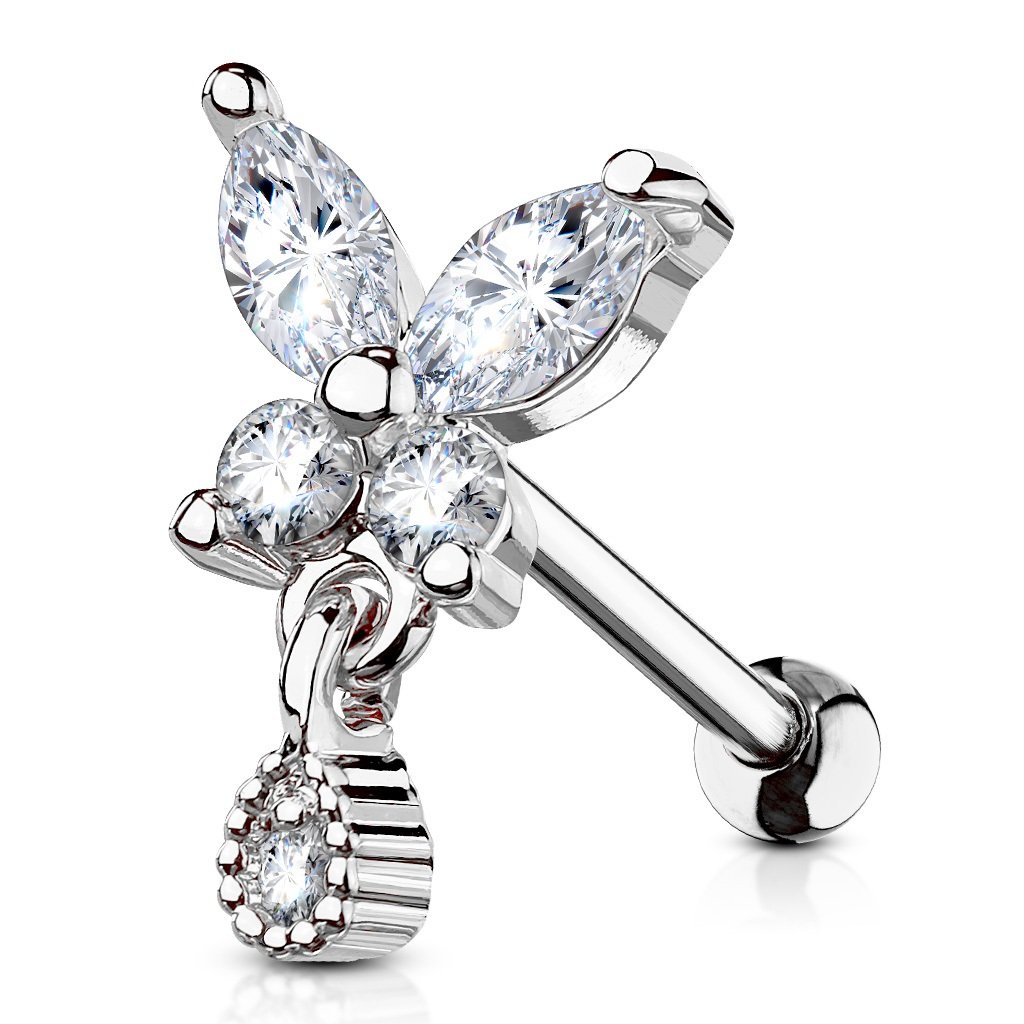 PiercedOff 316L Surgical Steel Cartilage Barbell with Clear CZ Butterfly with tear Drop Dangle - Thickness 16GA (1.2mm) / Length 6mm / Ball Size 3mm / Butterfly 7 x 5.5mm