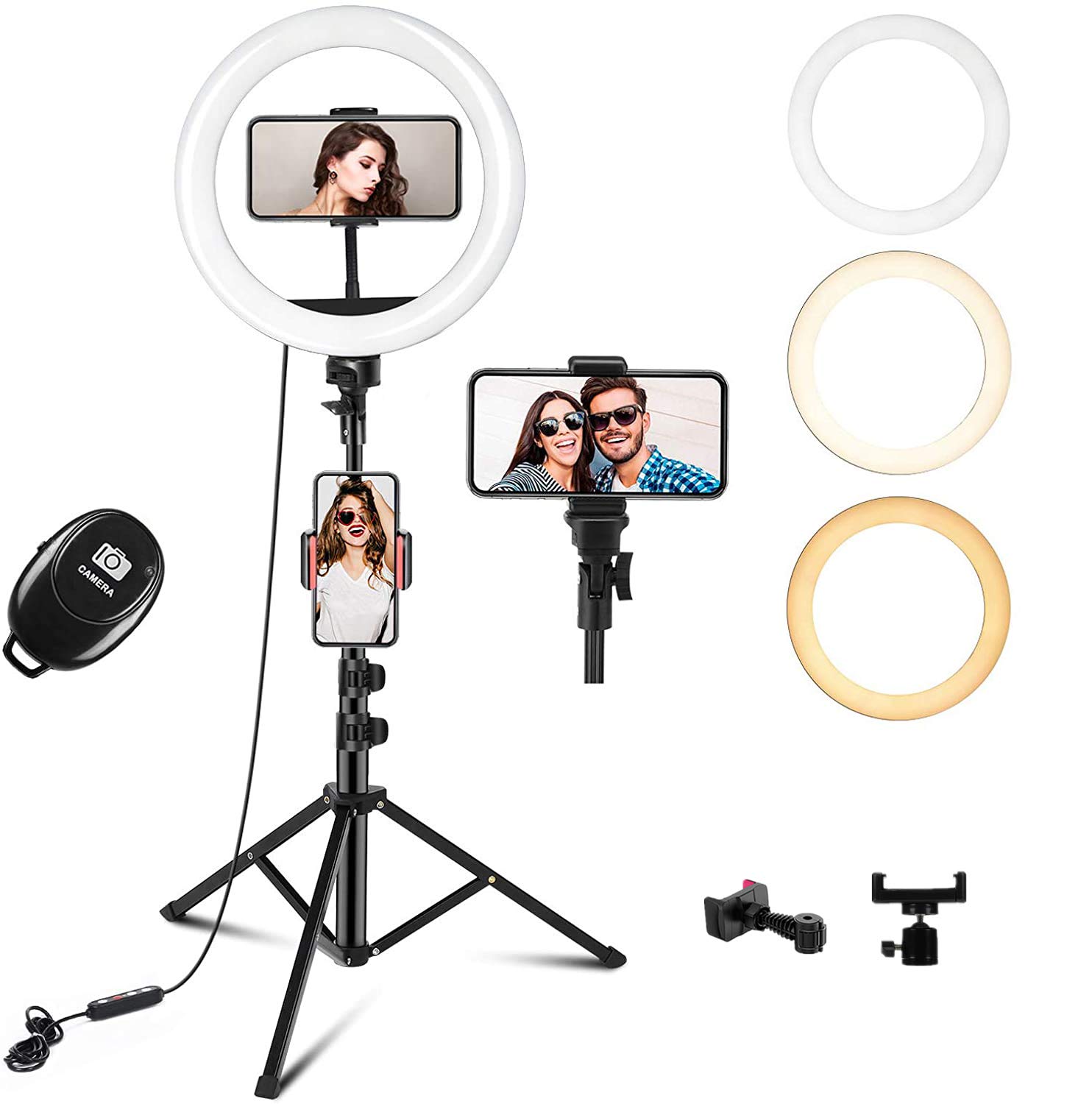 KKUYI 10 '' Professional Selfie Ring Light with Tripod and Phone Holder, Ring Light with 3 Colors Dimmable and 9 Brightness Level for Youtube/Makeup/Photography, Bluetooth Remote for iOS & Android