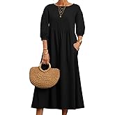 HOTYD Womens Cotton Linen Midi Dress Casual Loose Petite Solid A-line Dress Flowy Summer Beach Vacation Dress with Pockets