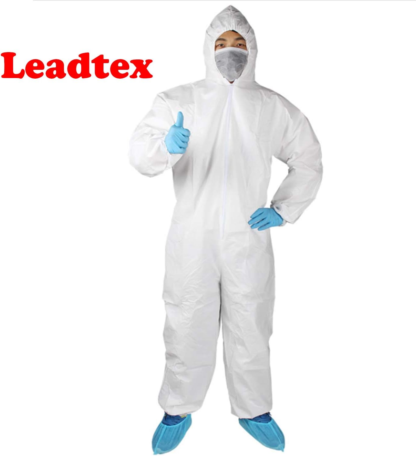Leadtex Protective Coverall suit with Long Zipper Front for Adults,Disposable Breathable Isolation Gown with Elastic in Hood,Cuffs,Ankles and Waist,Size XL, White