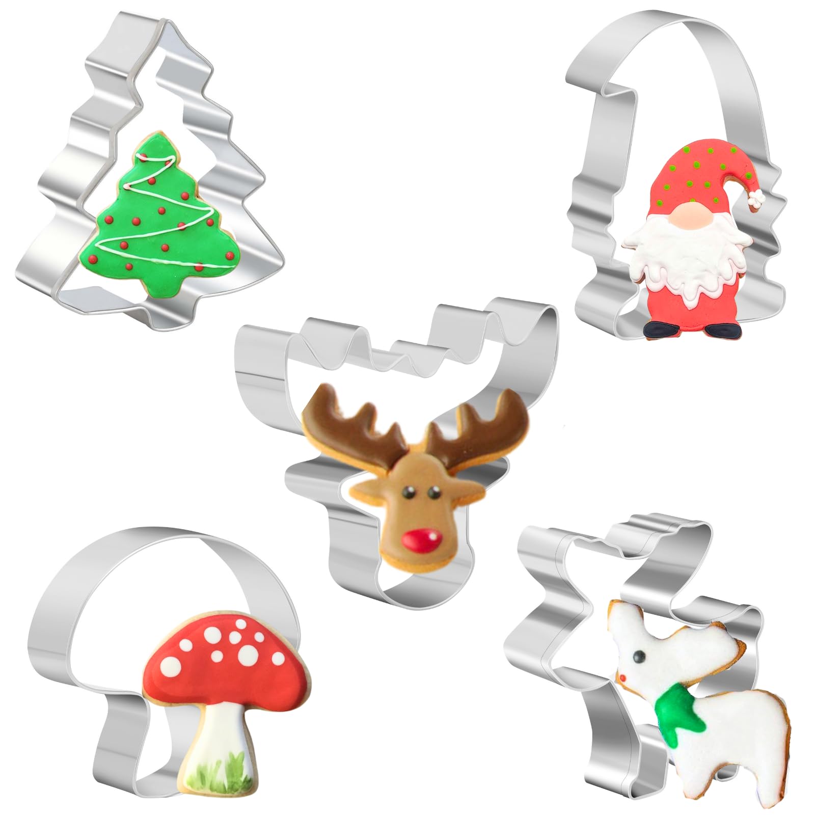 PTaizjjz Christmas Cookie Cutter Set - 5 Pieces - Christmas Tree, Gnome,Reindeer,Mushroom Holiday Cookie Cutters Fondant Biscui Cutters