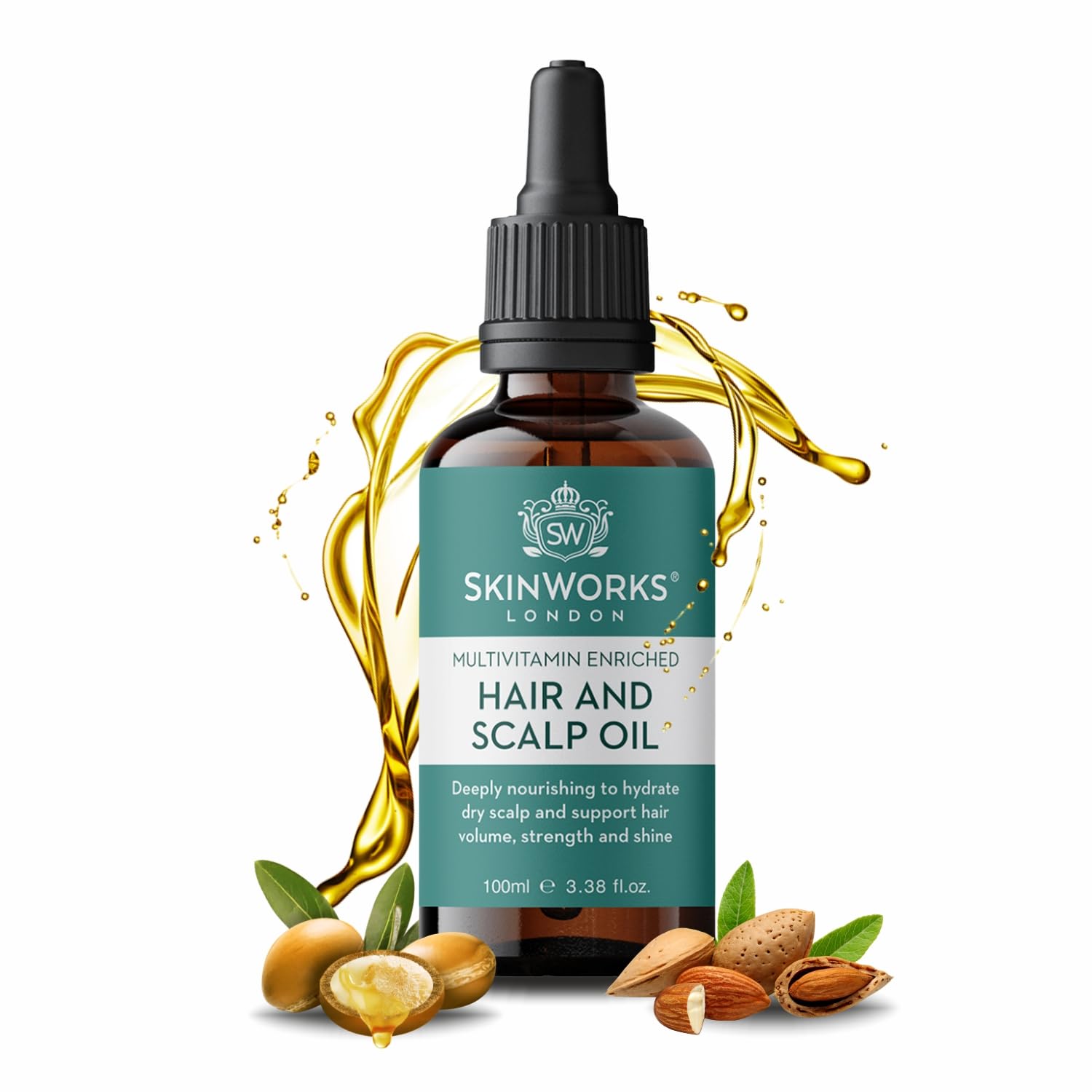 SkinWorks Multivitamin Enriched Hair Oil, 100ml treatment to hydrate dry scalp and support hair growth, thickness, strength and shine. With Argan & Almond oils, 100% Natural. Wash out or leave in.